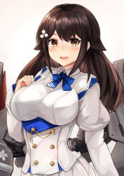 Rule 34 | 1girl, :d, azur lane, blue bow, blue bowtie, blush, bow, bowtie, breasts, brown eyes, brown hair, buttons, choukai (azur lane), collared shirt, double-breasted, hair ornament, hand up, highres, juliet sleeves, large breasts, long hair, long sleeves, looking at viewer, machinery, military, military uniform, open mouth, puffy sleeves, ryara, shirt, sidelocks, simple background, skirt, smile, solo, uniform, upper body, white background, white shirt, white skirt