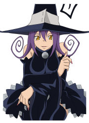 Rule 34 | 00s, 1girl, absurdres, bare shoulders, blair (soul eater), breasts, female focus, hat, highres, large breasts, looking at viewer, purple hair, solo, soul eater, thighhighs, witch hat, yellow eyes