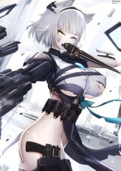 Rule 34 | 1girl, animal ears, artist name, ass, belt, blue eyes, brooch, cat ears, cat girl, cat tail, chain, clothes lift, collar, covered erect nipples, cowboy shot, dress, dual wielding, dutch angle, from side, gloves, gun, hairband, heterochromia, highres, holding, holding weapon, holster, holstered, impossible clothes, impossible dress, jewelry, knife, mecha musume, mechanical arms, metal collar, nekoya (liu), no bra, no panties, original, rifle, rubble, short hair, sideless outfit, silver hair, skirt, skirt lift, tail, thigh holster, torn clothes, tsurime, utility belt, weapon, wind, wind lift, yellow eyes