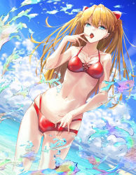Rule 34 | 1girl, beach, bikini, bikini pull, blue eyes, blue sky, breasts, brown hair, cameltoe, cleavage, clothes pull, day, female focus, highres, l-phy, licking lips, lips, long hair, multi-strapped bikini, navel, neon genesis evangelion, ocean, open mouth, red bikini, shiny skin, sky, solo, souryuu asuka langley, splashing, standing, stomach, swimsuit, thighs, thong bikini, tongue, tongue out, twintails, two side up, water, wide hips