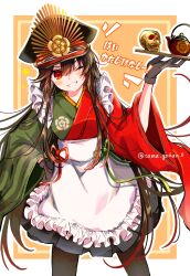 Rule 34 | 1girl, apron, black gloves, family crest, fate/grand order, fate (series), gloves, hat, highres, holding, holding tray, japanese clothes, maid, military hat, oda nobunaga (fate), oda uri, peaked cap, red eyes, skull, smile, teapot, teeth, tray, twitter username, yui (tamagohan)