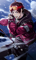 Rule 34 | 1boy, absurdres, ahoge, belt, cold, facial hair, gloves, goatee, goggles, goggles on head, highres, hood, hood down, hooded jacket, idolmaster, idolmaster side-m, jacket, looking at viewer, male focus, open mouth, red eyes, red hair, ryeon (gs oik), ski pole, snowing, tendo teru