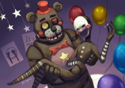 Rule 34 | 1boy, 1other, animal ears, robot animal, balloon, bear ears, bow, bowtie, carrying, dual persona, five nights at freddy&#039;s, freddy fazbear&#039;s pizzeria simulator, hat, heterochromia, highres, hiuki73, lefty (fnaf), mask, mini hat, mini top hat, princess carry, robot, the puppet (fnaf), top hat, yellow eyes