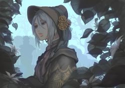 Rule 34 | 1girl, bloodborne, bloodlinev, bonnet, flower, from software, leaf, parted lips, plain doll, silver hair, solo, tree