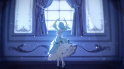 1girl absurdres arms_up back blue_dress blue_footwear blue_hair blue_theme bow chinese_commentary commentary_request criss-cross_back-straps curtains dress eula_(genshin_impact) from_behind genshin_impact high_heels highres indoors long_hair so_zei_tama_tama solo standing white_bow white_dress window