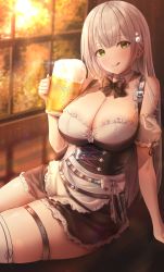 Rule 34 | 1girl, alcohol, arm support, bare shoulders, beer, beer mug, belt, belt skirt, black bow, black bowtie, blush, bow, bowtie, breasts, cleavage, cowboy shot, cup, detached collar, dirndl, evening, flower, frills, german clothes, green eyes, hair flower, hair ornament, highres, hololive, indoors, large breasts, leaning to the side, long hair, looking at viewer, low neckline, mug, po ppe, shirogane noel, shirogane noel (dirndl), silver hair, sitting, skindentation, solo, sunlight, thigh strap, thighhighs, thighs, tongue, tongue out, underbust, virtual youtuber, window, zettai ryouiki