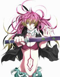 Rule 34 | 1girl, ao no exorcist, belt, bikini, bow, bowtie, breasts, cleavage, fingernails, highres, holding, holding sword, holding weapon, jacket, katana, kirigakure shura, leather, leather jacket, long fingernails, medium breasts, multicolored hair, navel, no shirt, open hand, open mouth, purple eyes, purple hair, simple background, sleeves rolled up, solo, stomach tattoo, swimsuit, sword, tattoo, tendoujisoujirou, two-tone hair, weapon