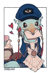 Rule 34 | animal, animal focus, artist name, ascot, blue coat, blue hat, blue sclera, blush, border, brown eyes, chocobo, closed mouth, clothed animal, coat, colored sclera, dated, envelope, final fantasy, final fantasy xiv, flower, gold trim, hat, heart, highres, holding, holding envelope, light blush, mouth hold, no humans, outside border, peaked cap, pink flower, reins, saddle, scroll, shuini xiaomao, signature, simple background, solo, upper body, white ascot, white background, white border