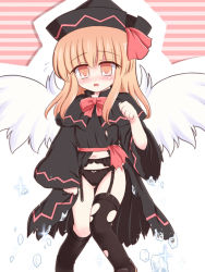Rule 34 | 1girl, black panties, black thighhighs, blonde hair, blush, female focus, garter belt, hat, ice, lily black, lily white, long hair, navel, panties, ry (yagoyago), solo, thighhighs, torn clothes, torn thighhighs, touhou, underwear, white background, wings, yellow eyes