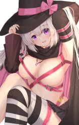 Rule 34 | 1girl, :d, absurdres, arm behind head, armpits, asymmetrical legwear, ayachi nene, belt, belt bra, black cape, black skirt, black sleeves, blush, bow, breasts, cape, cleavage, detached sleeves, eyelashes, fingernails, hair between eyes, hand up, hat, hat bow, head tilt, highres, jewelry, knees up, large breasts, long hair, long sleeves, looking at viewer, midriff, miniskirt, mismatched legwear, necklace, nodoameyatou, open mouth, pink belt, pink bow, pink cape, pinstripe bow, pleated skirt, purple eyes, sanoba witch, sitting, skindentation, skirt, smile, solo, sparkle, striped clothes, striped thighhighs, thighhighs, thighs, very long hair, white background, white hair, witch hat, yuzu-soft, zettai ryouiki