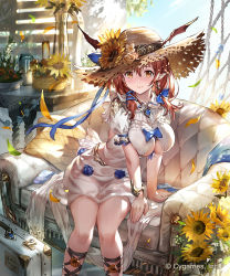 Rule 34 | 1girl, 3:, 77gl, arm support, bracelet, breasts, brooch, brown eyes, cleavage, couch, cross-laced footwear, dress, earrings, flower, hair between eyes, hair ribbon, hat, hat flower, indoors, jewelry, large breasts, looking at viewer, low twintails, medium hair, original, petals, pointy ears, ribbon, see-through, sitting, solo, straw hat, suitcase, sun hat, sunflower, sunlight, twintails, underboob, vase, white dress