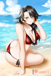 Rule 34 | 1girl, arm support, ass, bare shoulders, beach, bikini, black hair, blue sky, blush, breasts, butt crack, cinder fall, cleavage, cloud, collarbone, day, hair over one eye, highres, kimmy77, large breasts, long hair, looking at viewer, medium breasts, ocean, outdoors, parted lips, red bikini, rwby, sand, shiny skin, side-tie bikini bottom, sitting, sky, smile, solo, swimsuit, twisted torso, water, yellow eyes