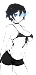 Rule 34 | 10s, 1girl, alternate breast size, alternate hair length, alternate hairstyle, arms behind back, bikini, bikini top only, black rock shooter, black rock shooter (character), blue eyes, breasts, choker, covered erect nipples, front-tie top, glowing, glowing eye, highleg, highleg panties, highres, large breasts, long image, midriff, navel, aged up, panties, scar, short hair, short shorts, shorts, solo, swimsuit, tall image, tusia, underboob, underwear