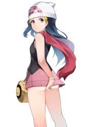 Rule 34 | 1girl, absurdres, ass, bad id, bad twitter id, bag, bare arms, beanie, blue eyes, blue hair, blush, breasts, covering ass, covering privates, creatures (company), dawn (pokemon), game freak, hat, highres, kurutsuki, long hair, looking at viewer, miniskirt, nintendo, parted bangs, pink skirt, pokemon, pokemon dppt, red scarf, scarf, simple background, skirt, sleeveless, small breasts, solo, standing, white background