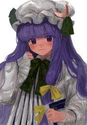 Rule 34 | 1girl, b nosk101, blunt bangs, book, capelet, closed mouth, commentary request, crescent, crescent hat ornament, dress, green neckwear, green ribbon, hair ribbon, hat, hat ornament, hat ribbon, highres, holding, holding book, long hair, looking at viewer, mob cap, patchouli knowledge, purple eyes, purple hair, ribbon, sidelocks, simple background, sleeves past wrists, solo, striped, touhou, upper body, vertical stripes, white background, white capelet, white dress, white hat, wide sleeves, yellow ribbon