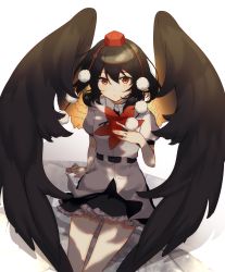 Rule 34 | 1girl, black hair, black wings, chieezuik, commentary request, hair between eyes, hat, hauchiwa, highres, looking at viewer, pom pom (clothes), puffy short sleeves, puffy sleeves, red eyes, red hat, shameimaru aya, short hair, short sleeves, simple background, sitting, solo, thighs, tokin hat, touhou, white background, wings
