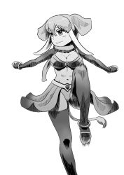 Rule 34 | 10s, 1girl, animal ears, bad id, bad pixiv id, bikini, breasts, cleavage, clenched hands, cowboy shot, dancing, detached sleeves, elephant ears, elephant tail, greyscale, highres, indian elephant (kemono friends), kemono friends, kishida-shiki, knee up, long hair, looking to the side, medium breasts, monochrome, navel, outstretched arms, scarf, simple background, smile, solo, spread arms, stomach, swimsuit, tail, thighhighs, white background