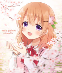 Rule 34 | 1girl, :d, blurry, blurry foreground, blush, cherry blossoms, commentary, cupping hands, depth of field, flower, gochuumon wa usagi desu ka?, hair between eyes, hair ornament, hairclip, happy, hoto cocoa, long sleeves, medium hair, mozukun43, open mouth, orange hair, own hands together, pink vest, purple eyes, rabbit house uniform, shirt, smile, solo, twitter username, vest, white shirt