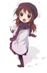 Rule 34 | 1girl, :o, beanie, blush, boots, brown eyes, brown hair, fang, footprints, from above, hat, looking up, namori, oekaki, open mouth, original, pantyhose, scarf, snowman, solo, tareme, winter