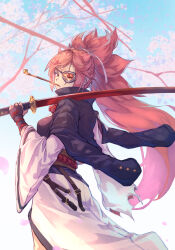 Rule 34 | arm ribbon, baiken, big hair, cherry blossoms, collared shirt, fingerless gloves, gloves, guilty gear, hair tie, holding, holding sword, holding weapon, jacket, jacket on shoulders, japanese clothes, kimono, long hair, looking to the side, obi, one eye closed, online neet, open clothes, open jacket, over shoulder, petals, pipe in mouth, red-tinted eyewear, red hair, red ribbon, ribbon, samurai, sash, scar, scar across eye, shirt, smoking pipe, sword, sword over shoulder, tinted eyewear, torn clothes, torn sleeves, weapon, weapon over shoulder, white kimono
