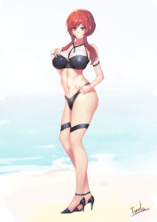 Rule 34 | 1girl, absurdres, artist name, azur lane, bare shoulders, bikini, black footwear, braid, breasts, crown braid, full body, high heels, highres, impossible clothes, impossible swimsuit, large breasts, monarch (azur lane), purple eyes, red hair, simple background, solo, swimsuit, tierla