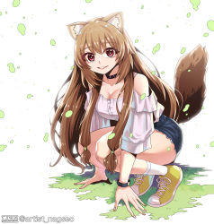 Rule 34 | 1girl, absurdres, alternate costume, animal ear fluff, animal ears, artist name, bare shoulders, black choker, blush, breasts, brown hair, choker, cleavage, collarbone, commentary request, contemporary, highres, kim nag-seo, long hair, looking at viewer, medium breasts, orange footwear, parted lips, raccoon ears, raccoon girl, raccoon tail, raphtalia, red eyes, shoes, short shorts, shorts, smile, solo, tail, tate no yuusha no nariagari, very long hair