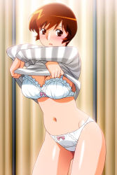 Rule 34 | 1girl, blush, bow, bow bra, bow panties, bra, breasts, brown eyes, brown hair, clothes lift, cowboy shot, large breasts, lifted by self, long sleeves, non-web source, official art, open mouth, panties, photoshop (medium), shiny skin, shirt, shirt lift, solo, striped clothes, striped shirt, super real mahjong, tanaka ryou, toyohara etsuko, underwear, white bra, white panties