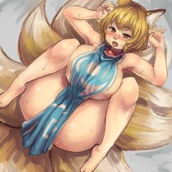 Rule 34 | 1girl, animal ears, barefoot, blonde hair, blush, breast press, breasts, brown eyes, chanta (ayatakaoisii), commentary request, eyebrows, fang, feet, folded, fox ears, from above, grey background, hands up, highres, huge breasts, knees to chest, looking at viewer, lying, multiple tails, naked tabard, no headwear, on back, open mouth, short hair, simple background, solo, spread legs, sweat, tabard, tail, thick thighs, thighs, toes, tongue, touhou, wide hips, yakumo ran