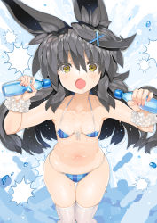 Rule 34 | 1girl, :o, animal ears, bare shoulders, bikini, black hair, blue bikini, breasts, char, collarbone, commentary request, covered erect nipples, drooling, fang, fingernails, front-tie bikini top, front-tie top, hair between eyes, hair ornament, hands up, highres, holding, long hair, looking at viewer, navel, necro-san, open mouth, original, plaid, plaid bikini, ramune, saliva, scrunchie, small breasts, solo, swimsuit, thighhighs, very long hair, wet, white scrunchie, white thighhighs, wrist scrunchie, x hair ornament, yellow eyes