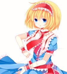 Rule 34 | 1girl, alice margatroid, bad id, bad pixiv id, blonde hair, blue eyes, capelet, dress, hairband, jewelry, light particles, lolita hairband, looking at viewer, moseley, parted lips, puppet rings, puppet strings, ribbon, ring, sash, short hair, short sleeves, simple background, solo, touhou, white background, wrist cuffs
