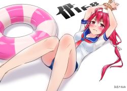Rule 34 | 10s, 1girl, 2015, ama mitsuki, arms up, artist name, blush, bound, bound wrists, dated, hair ribbon, i-168 (kancolle), innertube, kantai collection, long hair, looking at viewer, lying, on back, ponytail, red eyes, red hair, restrained, ribbon, rope, school swimsuit, school uniform, serafuku, solo, swim ring, swimsuit, swimsuit under clothes, tied up