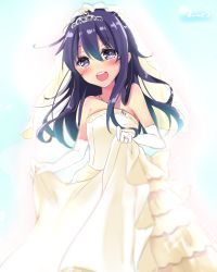 Rule 34 | 10s, 1girl, :d, akatsuki (kancolle), alternate costume, bad id, bad pixiv id, bare shoulders, blush, diadem, dress, elbow gloves, gloves, hair ornament, jewelry, kantai collection, long hair, looking at viewer, navy (navy.blue), necklace, open mouth, purple eyes, purple hair, ring, smile, solo, strapless, strapless dress, tiara, veil, wedding band, wedding dress, white dress
