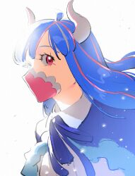 Rule 34 | 1girl, blue cape, blue hair, blue ribbon, cape, close-up, commentary, floating hair, horns, mask, mouth mask, multicolored hair, neck ribbon, one piece, pink eyes, pink hair, raine (acke2445), ribbon, shirt, simple background, solo, streaked hair, symbol-only commentary, ulti (one piece), white background, white horns