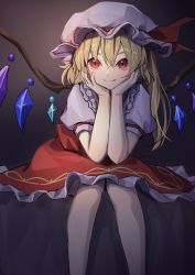 Rule 34 | 1girl, commentary request, eyebrows hidden by hair, flandre scarlet, gradient background, grey background, hair between eyes, hat, highres, mob cap, myuga66666, simple background, solo, touhou