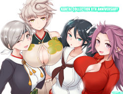 Rule 34 | 4girls, :d, :o, ;d, anniversary, asymmetrical hair, black jacket, blue eyes, blue hair, braid, breasts, brown neckerchief, chitose (kancolle), cleavage, cleavage cutout, closed mouth, clothing cutout, cloud print, collarbone, collared shirt, commentary request, cowboy shot, cypress, grey eyes, grey hair, hair between eyes, hair ribbon, headband, isuzu (kancolle), jacket, japanese clothes, jitome, jun&#039;you (kancolle), kantai collection, large breasts, long hair, looking at viewer, magatama, midriff, multiple girls, navel, neckerchief, one eye closed, open mouth, parted bangs, ponytail, purple eyes, purple hair, red shirt, ribbon, school uniform, serafuku, shirt, sidelocks, simple background, single braid, skirt, smile, spiked hair, standing, twintails, twitter username, unryuu (kancolle), very long hair, wavy hair, white background, white serafuku, white shirt, white skirt, yellow eyes