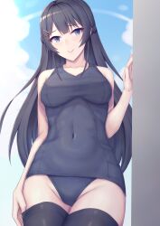Rule 34 | 1girl, absurdres, black hair, black one-piece swimsuit, black thighhighs, blue eyes, blue sky, breasts, closed mouth, cloud, collarbone, commentary request, covered navel, cowboy shot, day, hair ornament, hairclip, highres, large breasts, long hair, nijisanji, ohguro mariya, one-piece swimsuit, outdoors, sky, smile, solo, standing, swimsuit, thighhighs, tsukino mito, virtual youtuber