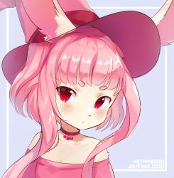 Rule 34 | 1girl, animal ears, artist name, bare shoulders, blue background, blue border, blush, border, breasts, choker, cleavage, closed mouth, collarbone, dated, dress, ears through headwear, english text, female focus, furry, furry female, hat, long hair, looking at viewer, methynecros, off shoulder, original, outside border, pink choker, pink dress, pink hair, pink hat, rabbit ears, rabbit girl, red eyes, simple background, small breasts, solo, upper body, watermark, white border, witch, witch hat
