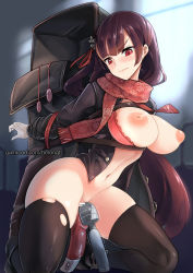 Rule 34 | 1girl, arms behind back, bar censor, bdsm, black thighhighs, blush, bondage, bound, bound arms, breasts, brown hair, censored, dildo, egg vibrator, girls&#039; frontline, hair ribbon, half updo, hitachi magic wand, hm (hmongt), inverted nipples, kneeling, large breasts, long hair, luggage, navel, nipples, official alternate costume, puffy nipples, red eyes, red ribbon, ribbon, scarf, sex toy, solo, thighhighs, torn clothes, torn thighhighs, very long hair, vibrator, wa2000 (date in the snow) (girls&#039; frontline), wa2000 (girls&#039; frontline)
