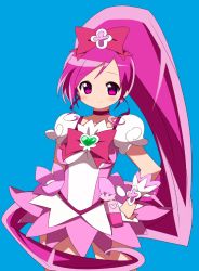 Rule 34 | 10s, 1girl, bad id, bad pixiv id, blue background, bow, brooch, cure blossom, hanasaki tsubomi, heart, heart brooch, heartcatch precure!, long hair, magical girl, meiro (yuu), pink bow, pink eyes, pink hair, ponytail, precure, skirt, solo