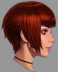 Rule 34 | 1girl, blunt bangs, choker, cropped shoulders, from side, grey background, grey eyes, head only, highres, ilya kuvshinov, light smile, lips, looking ahead, mole, nose, original, portrait, profile, realistic, red hair, short hair, simple background, solo