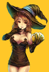 Rule 34 | 1girl, :d, artdink, bare shoulders, breasts, brown eyes, brown hair, cleavage, deneb rove, elbow gloves, gloves, hat, kara (color), large breasts, long hair, looking at viewer, open mouth, pumpkin, simple background, smile, solo, tactics ogre, witch, witch hat, yellow background