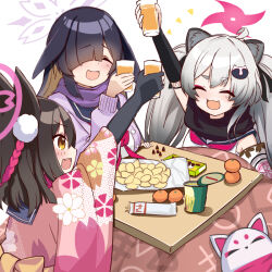 Rule 34 | 3girls, :d, ^ ^, animal ear fluff, animal ears, arm up, black gloves, black hair, black scarf, blue archive, blunt bangs, chips (food), closed eyes, colored inner hair, cup, drinking glass, elbow pads, eyeshadow, fingerless gloves, food, fox ears, fox girl, fruit, gloves, gradient hair, grey hair, hadanugi dousa, hair between eyes, hair ornament, hair over one eye, halo, holding, holding cup, izuna (blue archive), japanese clothes, juice, kimono, kotatsu, long hair, long sleeves, looking at another, makeup, mandarin orange, michiru (blue archive), multicolored hair, multiple girls, ninja, o (rakkasei), one side up, open clothes, open kimono, open mouth, orange juice, package, parted bangs, pocky, pom pom (clothes), pom pom hair ornament, potato chips, purple scarf, rabbit ears, rabbit girl, raccoon ears, raccoon girl, raccoon hair ornament, scarf, school uniform, serafuku, sidelocks, simple background, sleeveless, smile, table, thick eyebrows, tsukuyo (blue archive), twintails, two-tone hair, white background, yellow eyes