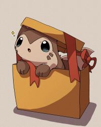 black_eyes box brown_fur creatures_(company) furret game_freak gen_2_pokemon gift gift_box highres in_box in_container kemosuk nintendo no_humans open_mouth pokemon pokemon_(creature) red_ribbon ribbon simple_background solo