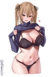 Rule 34 | 1girl, black panties, blush, bra, breasts, clothes lift, commentary request, cowboy shot, ebifurya, hair between eyes, hair ribbon, highres, kantai collection, large breasts, light brown hair, long hair, long sleeves, looking at viewer, murasame (kancolle), one-hour drawing challenge, panties, ribbon, sidelocks, simple background, solo, sweater, sweater lift, twintails, twitter username, underwear, white background