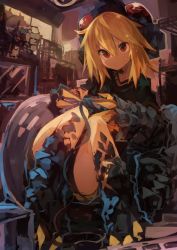 Rule 34 | 1girl, absurdres, blonde hair, claws, controller, fang, female focus, game controller, highres, kaamin (mariarose753), messy hair, monster girl, original, playing games, red eyes, short shorts, shorts, sitting, smile, solo, tokage (kaamin)