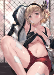 Rule 34 | 1girl, ahoge, arm up, armpits, bad id, bad pixiv id, bandaged arm, bandages, bandaid, bandaid on face, bandaid on leg, bare legs, bare shoulders, black hairband, blonde hair, blush, breasts, brown eyes, chain-link fence, clothes lift, collarbone, commentary request, djeeta (granblue fantasy), earrings, feet out of frame, fence, granblue fantasy, hair ornament, hairband, highres, jacket, jewelry, knee up, medium breasts, milli little, off shoulder, open clothes, open jacket, outdoors, parted lips, red shorts, shirt lift, short hair, short shorts, shorts, sitting, solo, stud earrings, sweat, swept bangs, tank top, twitter username, underboob, white jacket