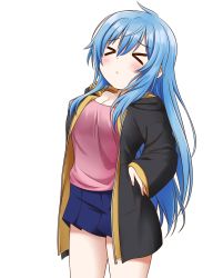 Rule 34 | &gt; &lt;, 1girl, :&lt;, absurdres, blue hair, blush, breasts, cleavage, closed mouth, closed eyes, facing away, highres, jan azure, large breasts, long hair, long sleeves, original, pink tank top, solo, stretching, tank top