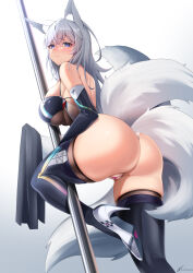 Rule 34 | absurdres, animal ear fluff, animal ears, ass, azur lane, back, backless leotard, bare shoulders, blue eyes, blush, breasts, cameltoe, cleavage, closed mouth, elbow gloves, feet out of frame, fox ears, fox girl, fox tail, from behind, from below, gloves, high heels, highres, huge ass, large breasts, large tail, leotard, light frown, long hair, looking at viewer, looking back, multiple tails, nape, nevven, pole, race queen, see-through, see-through cleavage, shinano (azur lane), shinano (moonlit chrome) (azur lane), shoulder blades, sideboob, simple background, skindentation, stripper pole, tail, thighhighs, thighs, thong leotard, underboob, white tail