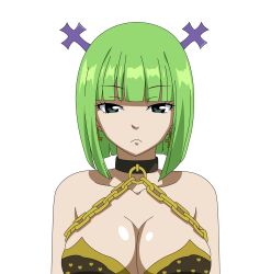Rule 34 | 1girl, absurdres, bare arms, bare shoulders, black background, blunt bangs, bra, brandish mew, breasts, chain, choker, cleavage, closed mouth, collar, collarbone, cross, cross earrings, cross hair ornament, earrings, expressionless, facing viewer, fairy tail, green eyes, green hair, hair ornament, highres, jewelry, large breasts, looking at viewer, short hair, simple background, solo, underwear, upper body