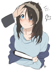 Rule 34 | !, 10s, 1boy, 1girl, black hair, blue eyes, blush, book, breasts, flying sweatdrops, fpanda, hair over one eye, hairband, hand on another&#039;s head, holding, holding book, idolmaster, idolmaster cinderella girls, large breasts, long hair, looking up, headpat, producer (idolmaster), sagisawa fumika, solo focus, spoken exclamation mark, surprised, sweater, white background